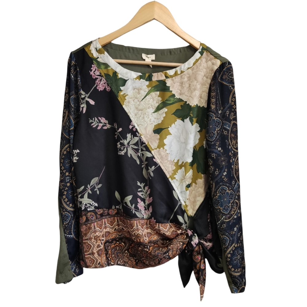 Anthropologie Tiny Patchwork Blooms Tie Front Blouse Top Green Size Medium
